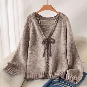 Cozy Taupe Lace-Trim V-Neck Knit Sweater